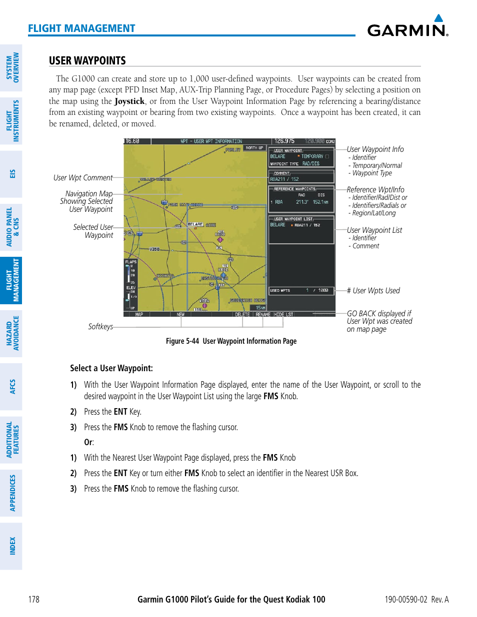 User waypoints, Flight management | Garmin G1000 Quest Kodiak User Manual | Page 190 / 500