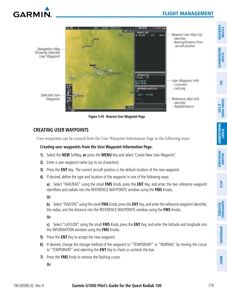 Flight management, Creating user waypoints | Garmin G1000 Quest Kodiak User Manual | Page 191 / 500