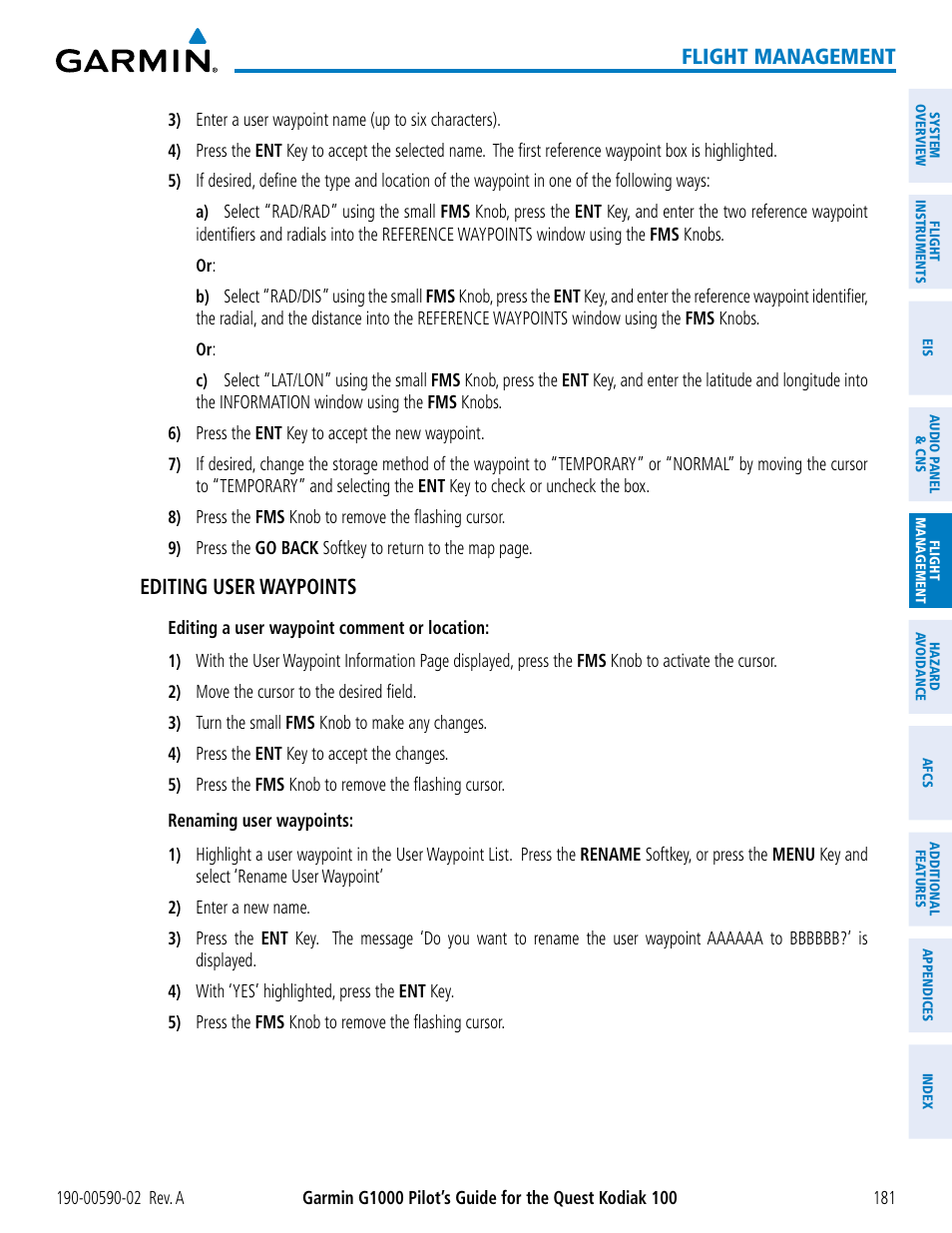 Flight management, Editing user waypoints | Garmin G1000 Quest Kodiak User Manual | Page 193 / 500