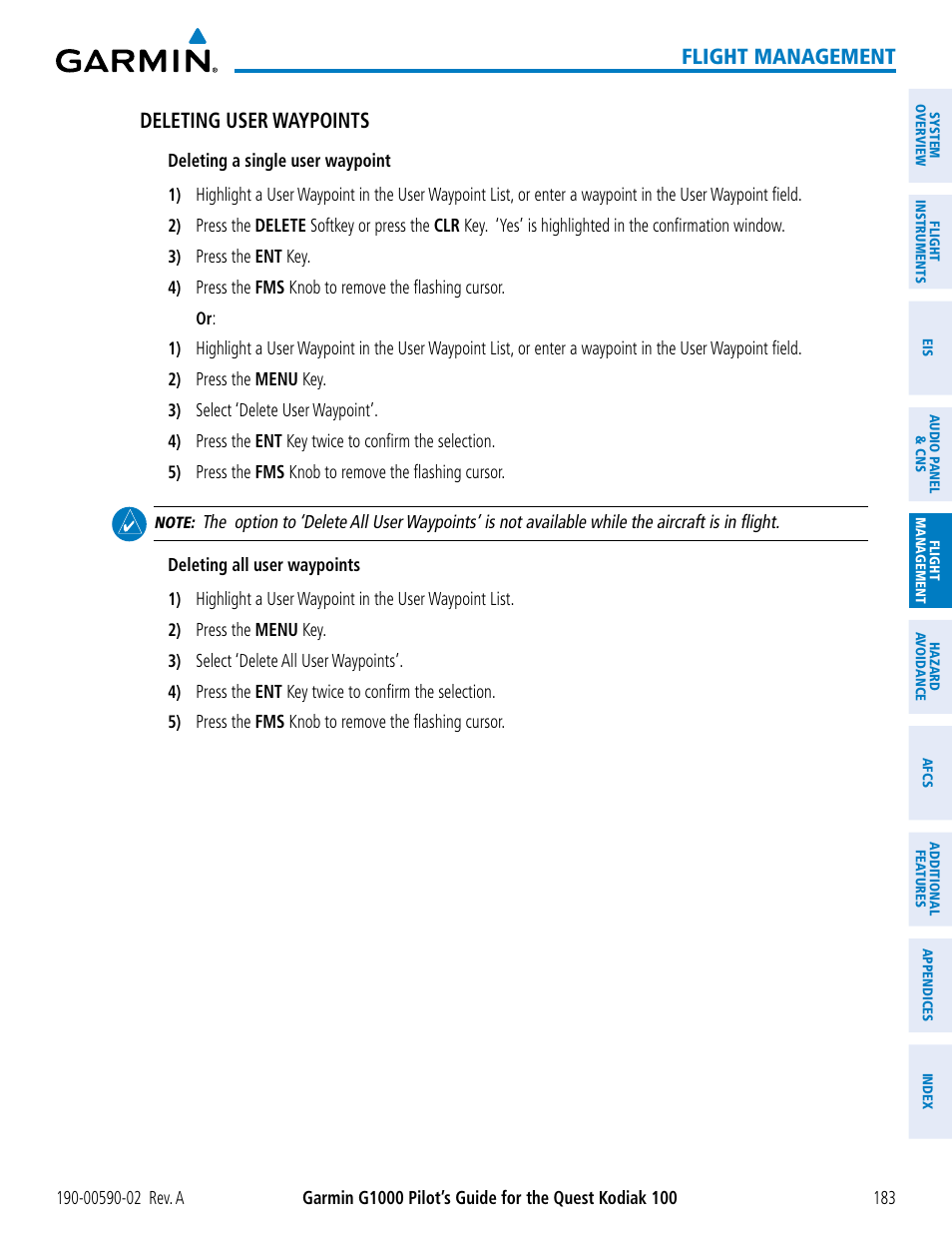 Flight management, Deleting user waypoints | Garmin G1000 Quest Kodiak User Manual | Page 195 / 500