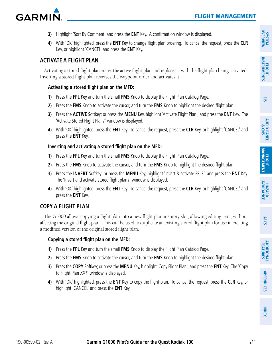 Flight management, Activate a flight plan, Copy a flight plan | Garmin G1000 Quest Kodiak User Manual | Page 223 / 500