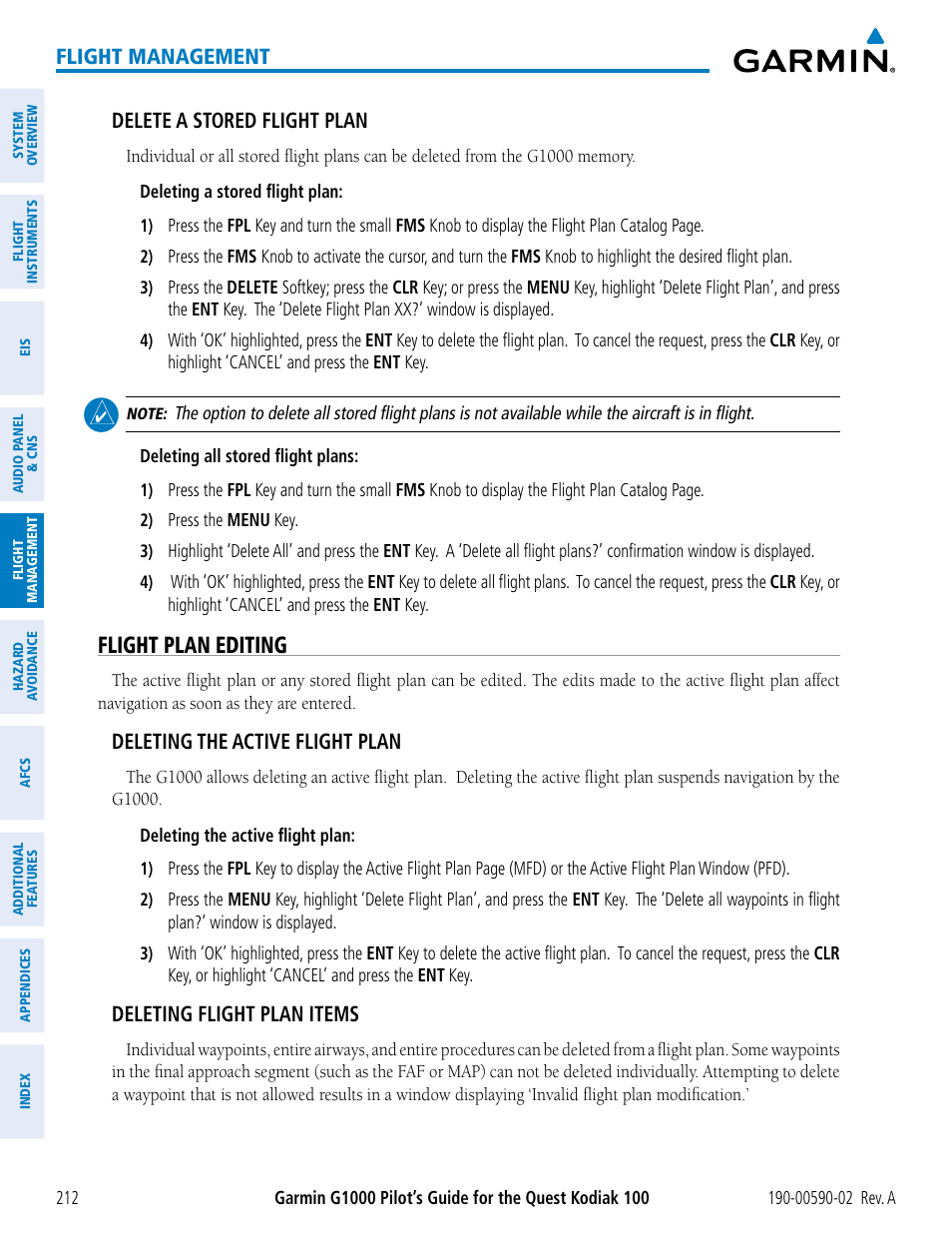 Flight plan editing, Flight management, Delete a stored flight plan | Deleting the active flight plan, Deleting flight plan items | Garmin G1000 Quest Kodiak User Manual | Page 224 / 500