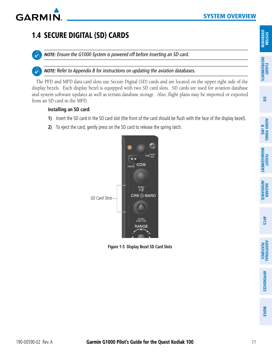 4 secure digital (sd) cards, System overview | Garmin G1000 Quest Kodiak User Manual | Page 23 / 500