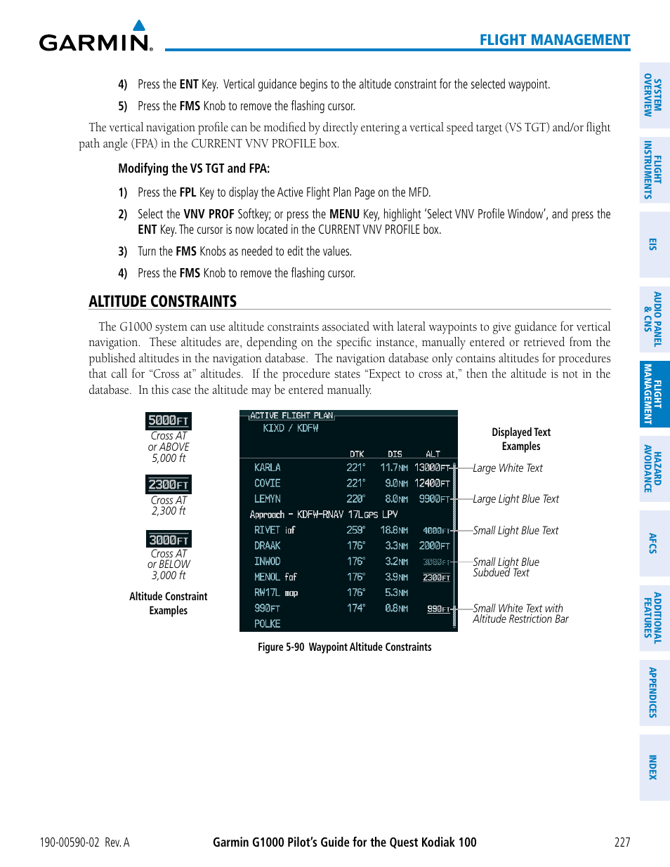 Altitude constraints, Flight management | Garmin G1000 Quest Kodiak User Manual | Page 239 / 500