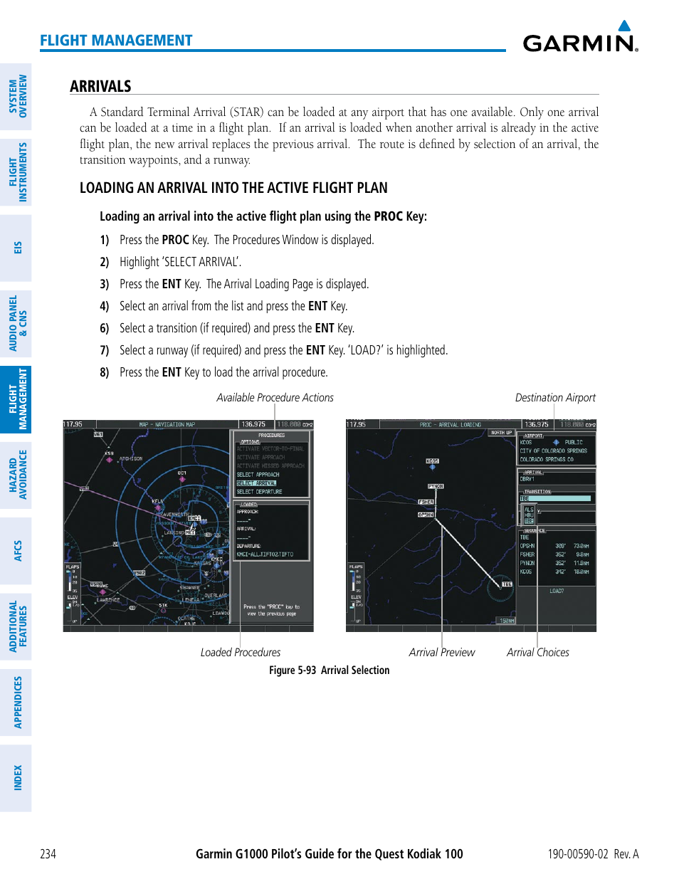 Arrivals, Flight management, Loading an arrival into the active flight plan | Garmin G1000 Quest Kodiak User Manual | Page 246 / 500