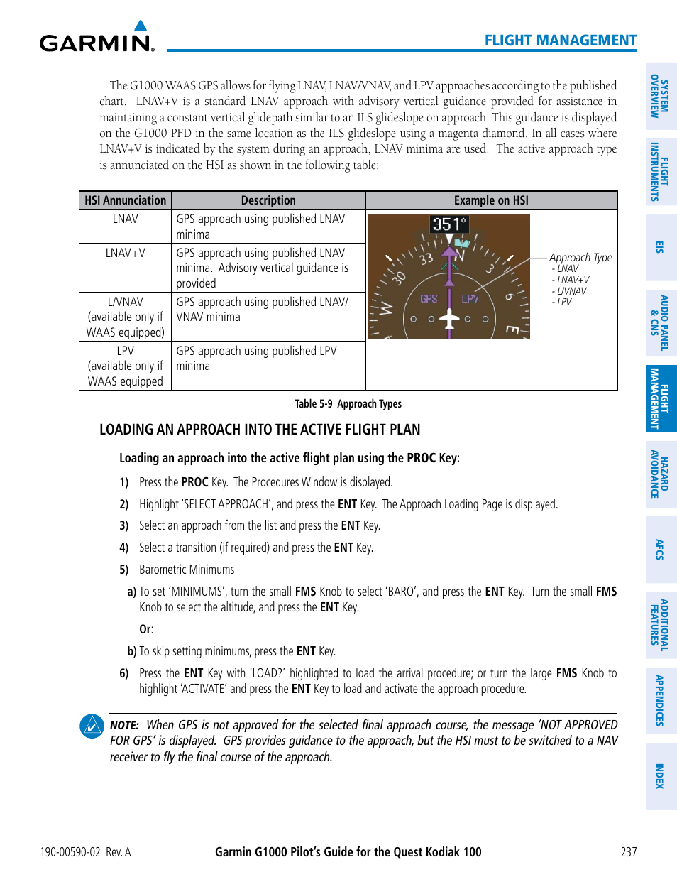 Flight management, Loading an approach into the active flight plan | Garmin G1000 Quest Kodiak User Manual | Page 249 / 500