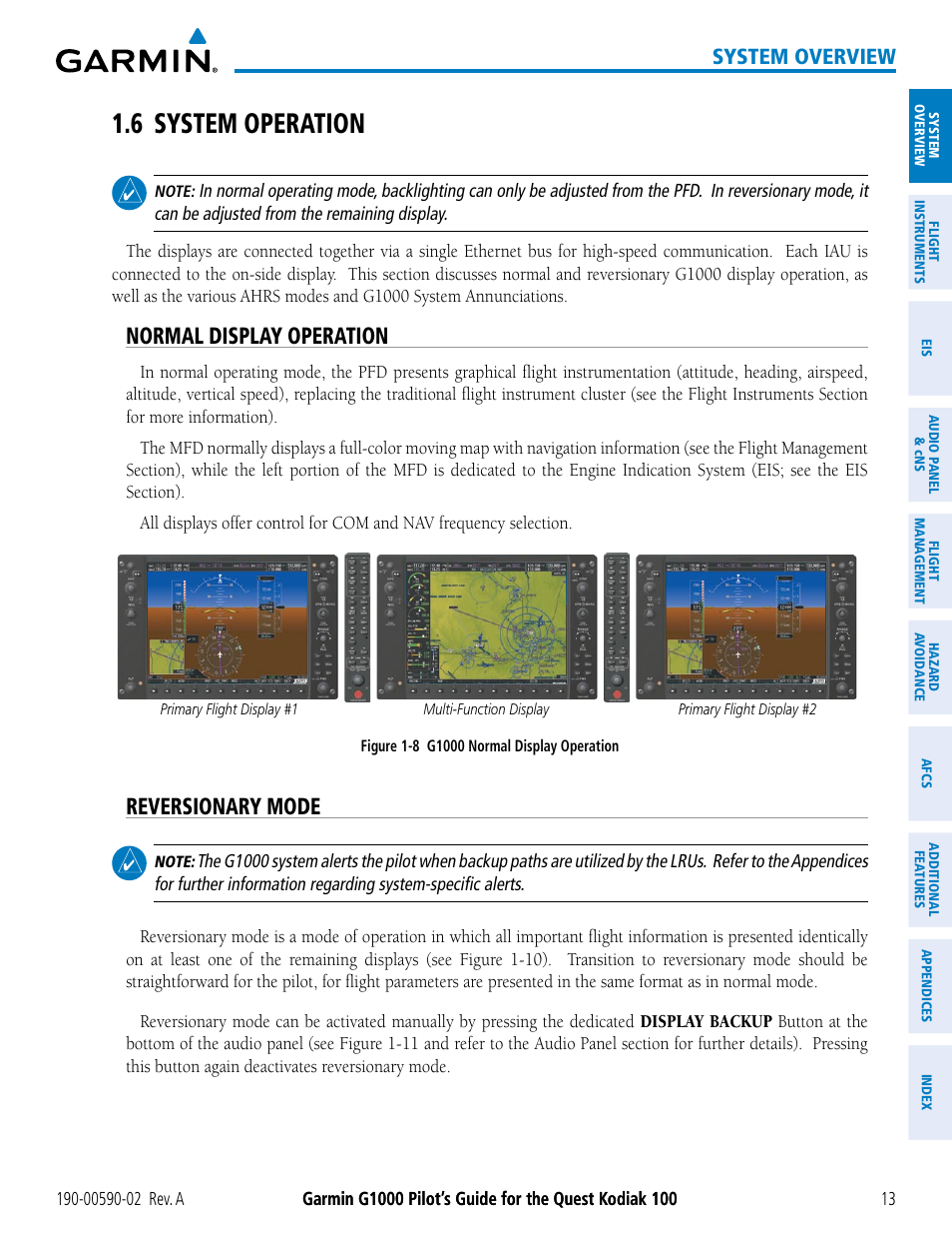 6 system operation, Normal display operation, Reversionary mode | System overview | Garmin G1000 Quest Kodiak User Manual | Page 25 / 500