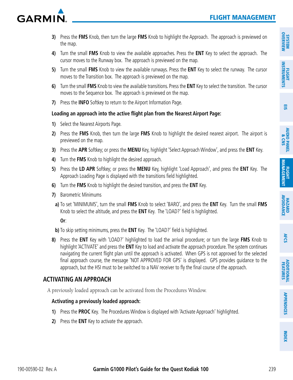 Flight management, Activating an approach | Garmin G1000 Quest Kodiak User Manual | Page 251 / 500