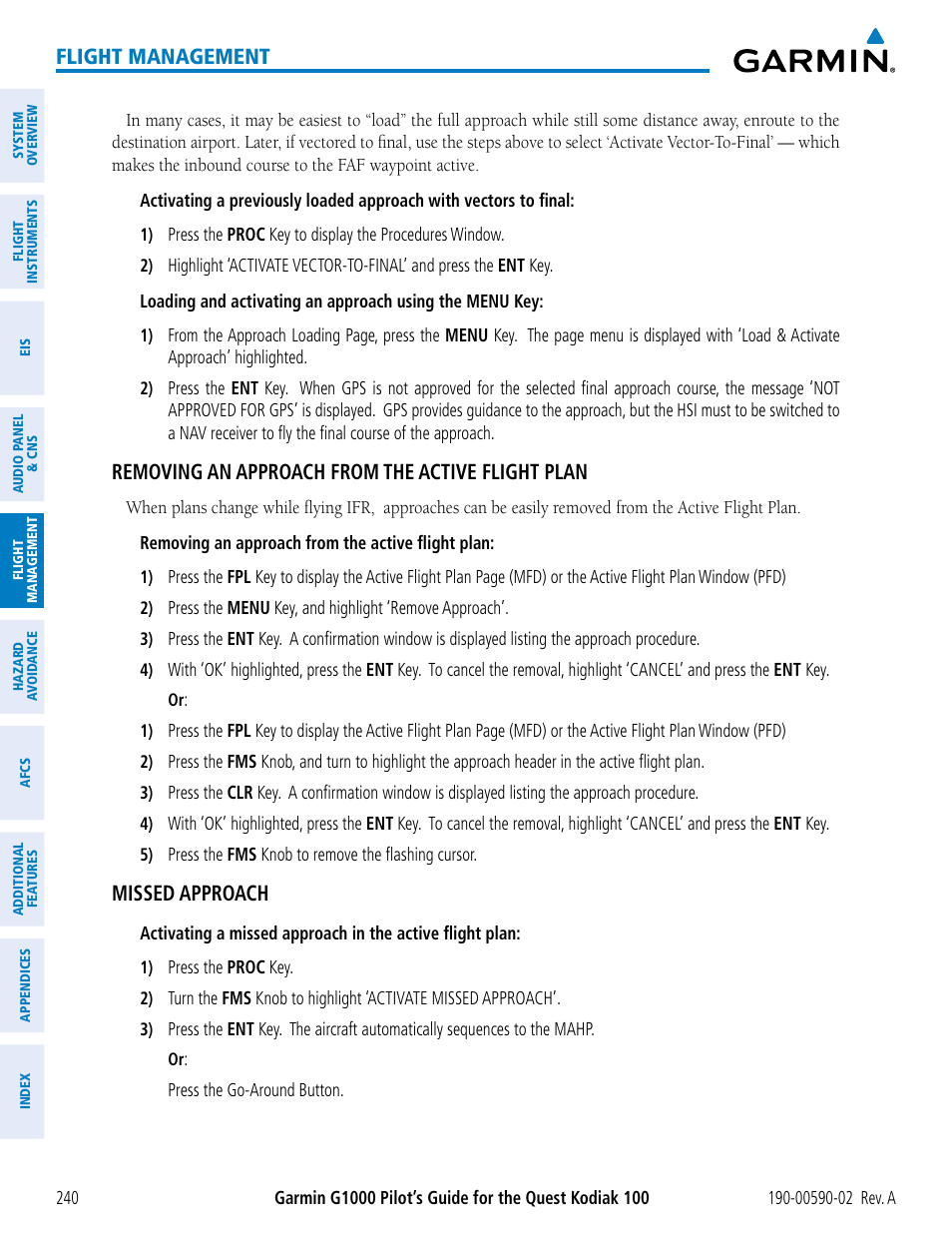 Flight management, Removing an approach from the active flight plan, Missed approach | Garmin G1000 Quest Kodiak User Manual | Page 252 / 500