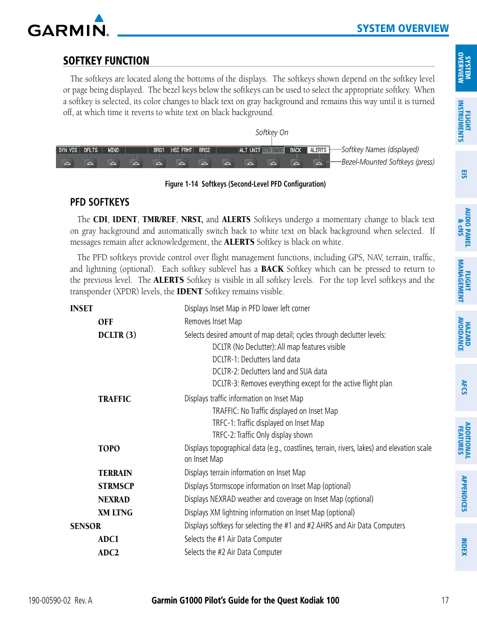 Softkey function, System overview, Pfd softkeys | Garmin G1000 Quest Kodiak User Manual | Page 29 / 500