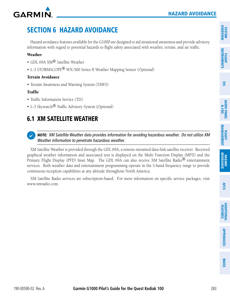 Section 6 hazard avoidance, 1 xm satellite weather, Hazard avoidance | Garmin G1000 Quest Kodiak User Manual | Page 295 / 500