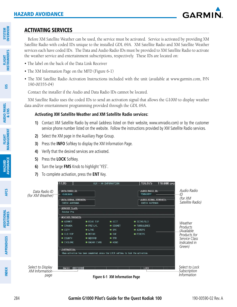 Activating services, Hazard avoidance | Garmin G1000 Quest Kodiak User Manual | Page 296 / 500