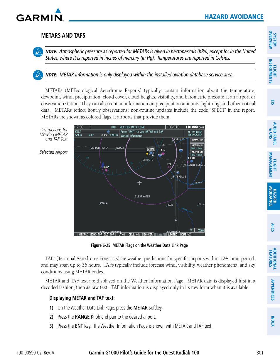 Hazard avoidance metars and tafs | Garmin G1000 Quest Kodiak User Manual | Page 313 / 500