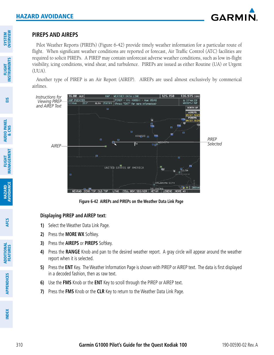 Hazard avoidance pireps and aireps | Garmin G1000 Quest Kodiak User Manual | Page 322 / 500