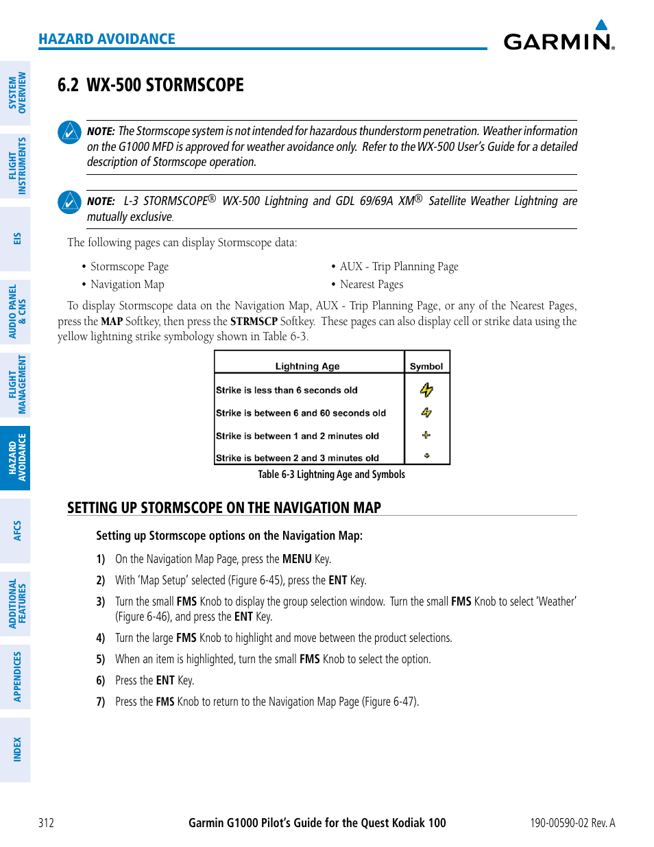 2 wx-500 stormscope, Setting up stormscope on the navigation map, Hazard avoidance | Garmin G1000 Quest Kodiak User Manual | Page 324 / 500