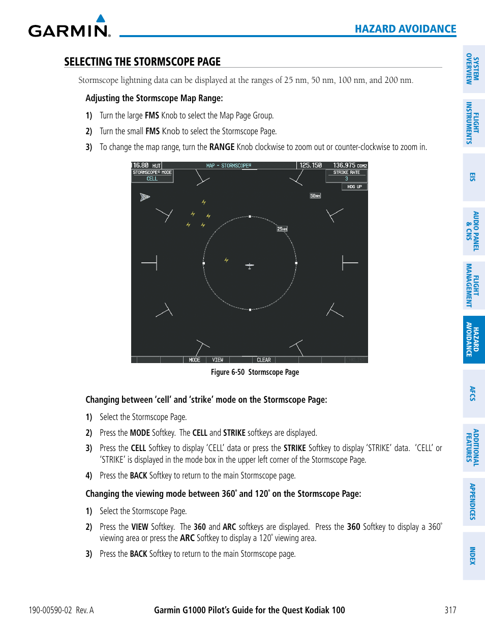 Selecting the stormscope page, Hazard avoidance | Garmin G1000 Quest Kodiak User Manual | Page 329 / 500