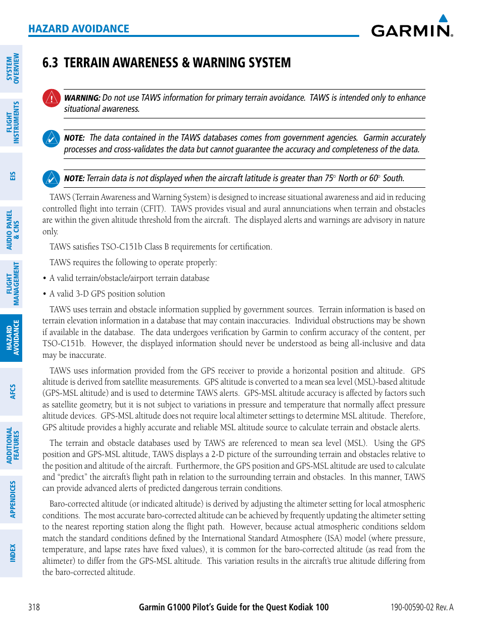 3 terrain awareness & warning system, Hazard avoidance | Garmin G1000 Quest Kodiak User Manual | Page 330 / 500