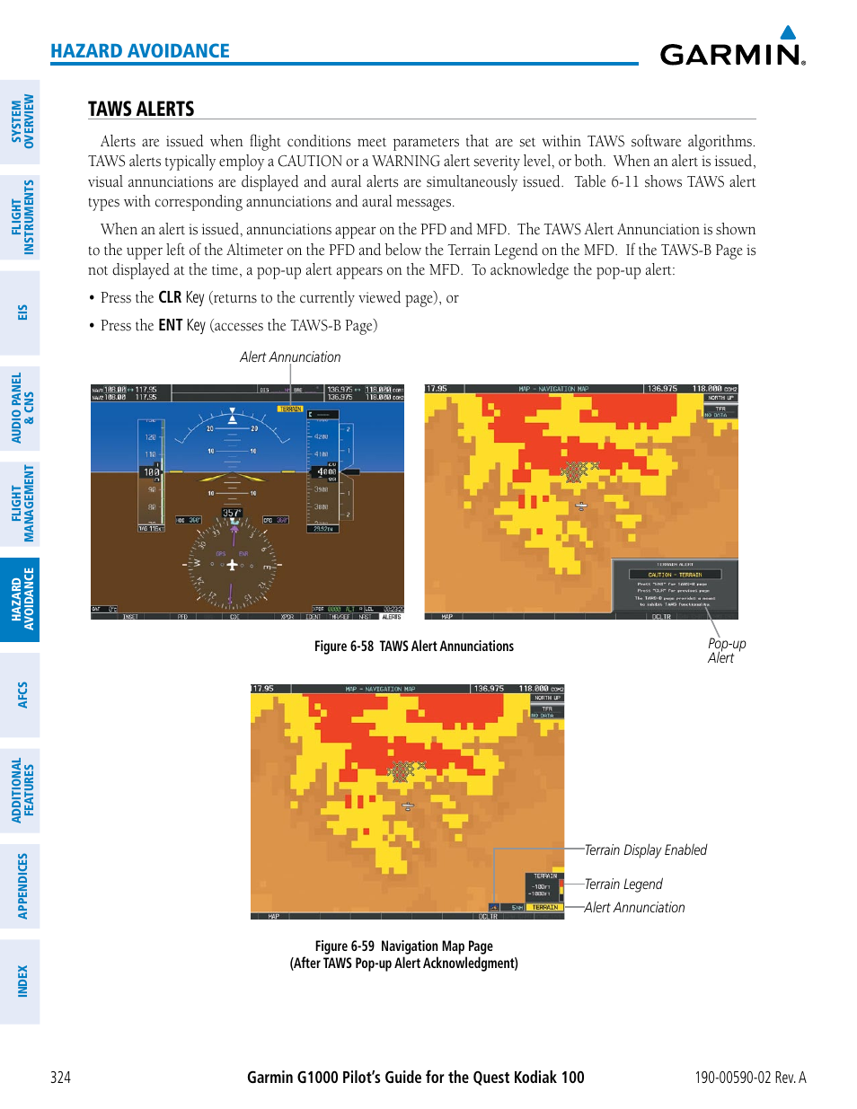 Taws alerts, Hazard avoidance | Garmin G1000 Quest Kodiak User Manual | Page 336 / 500