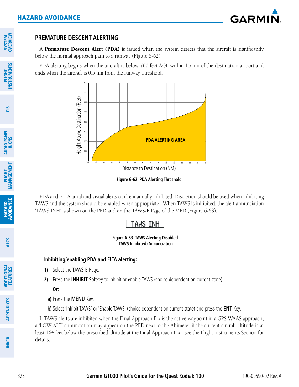 Hazard avoidance premature descent alerting, Inhibiting/enabling pda and flta alerting, Select the taws-b page | Press the menu key | Garmin G1000 Quest Kodiak User Manual | Page 340 / 500