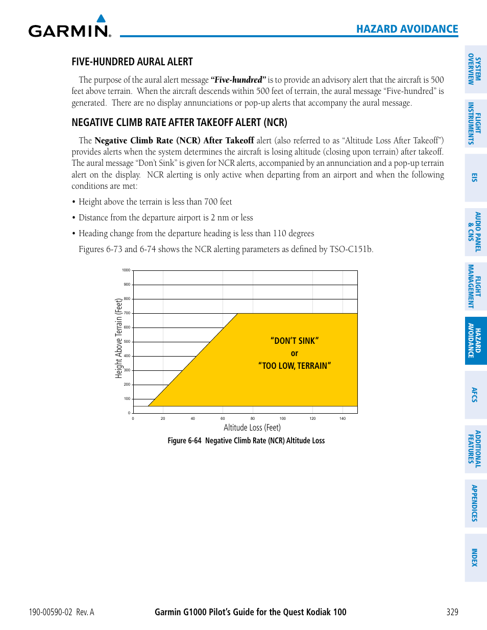 Hazard avoidance five-hundred aural alert, Negative climb rate after takeoff alert (ncr) | Garmin G1000 Quest Kodiak User Manual | Page 341 / 500