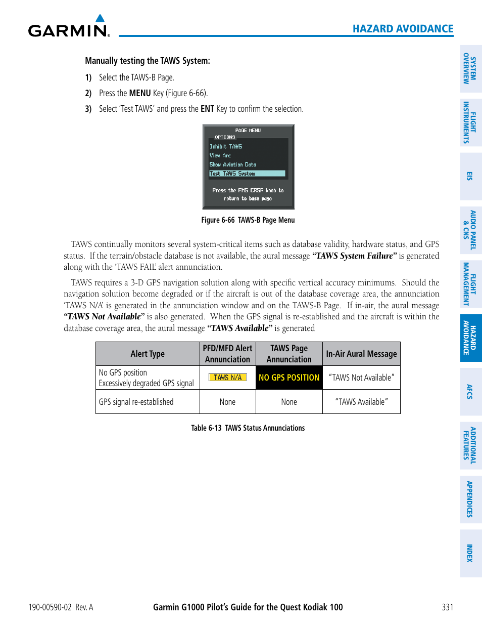 Hazard avoidance | Garmin G1000 Quest Kodiak User Manual | Page 343 / 500