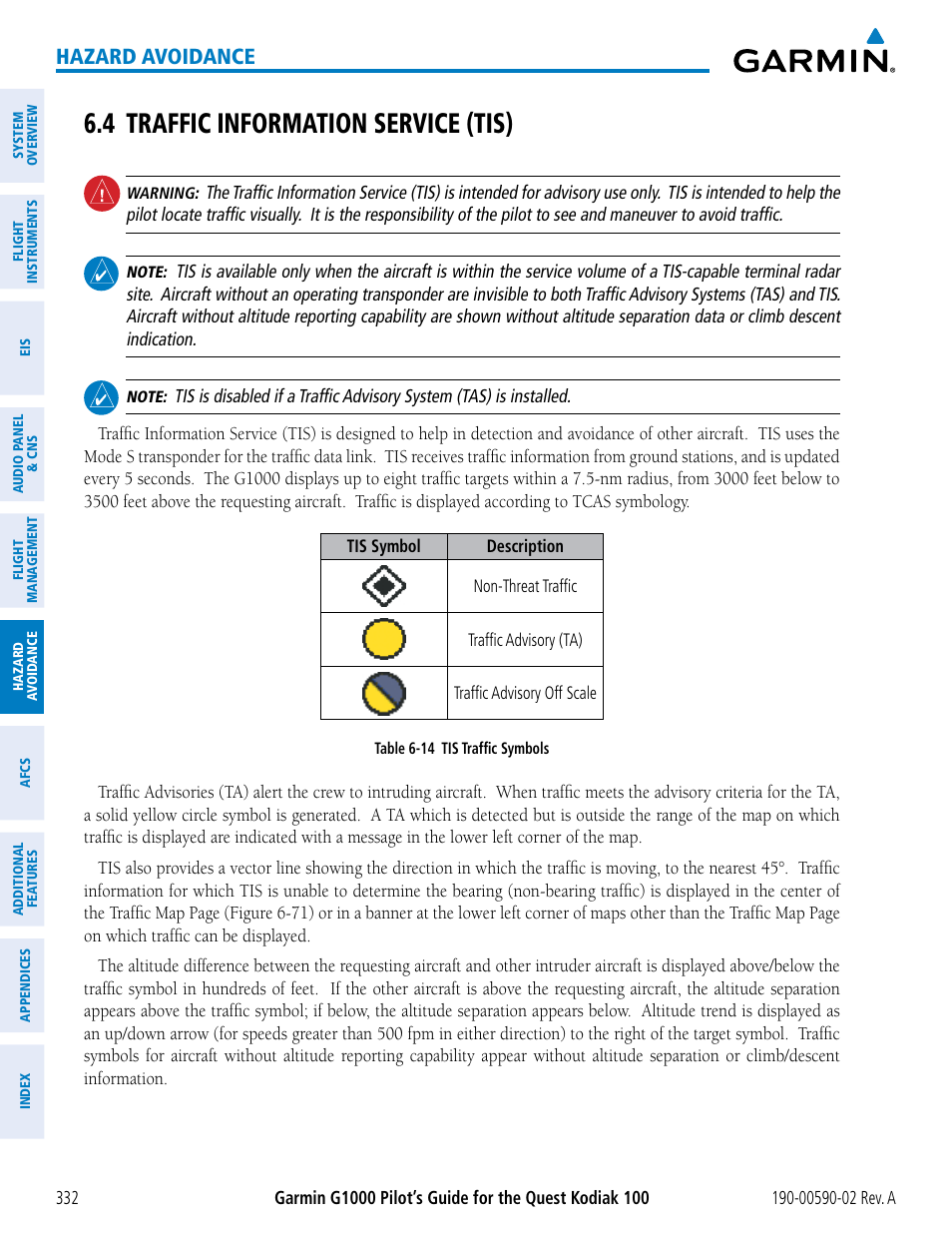 4 traffic information service (tis), Hazard avoidance | Garmin G1000 Quest Kodiak User Manual | Page 344 / 500