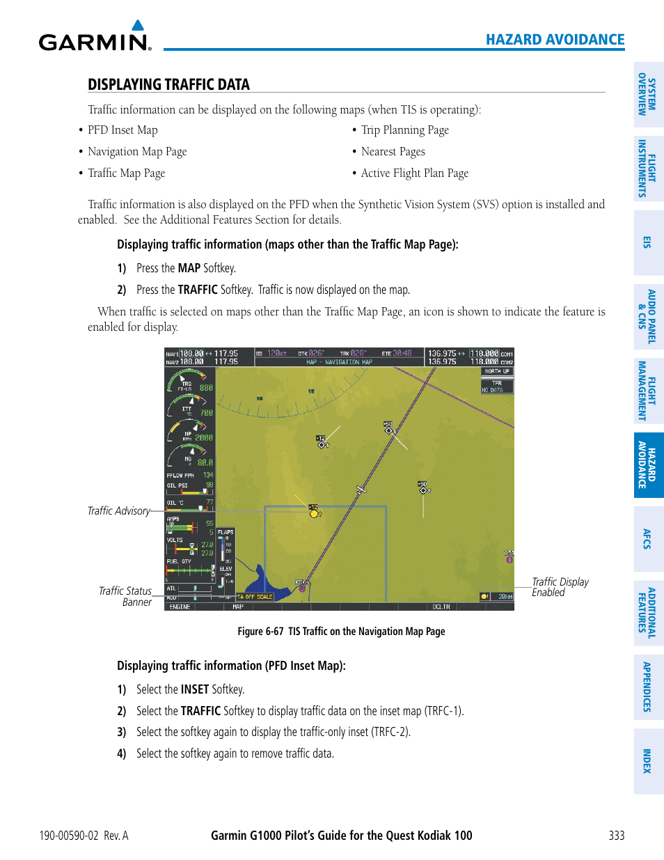 Displaying traffic data, Hazard avoidance | Garmin G1000 Quest Kodiak User Manual | Page 345 / 500