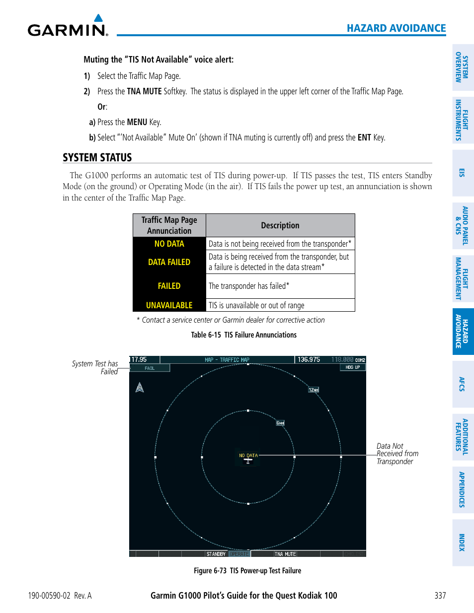 System status, Hazard avoidance | Garmin G1000 Quest Kodiak User Manual | Page 349 / 500