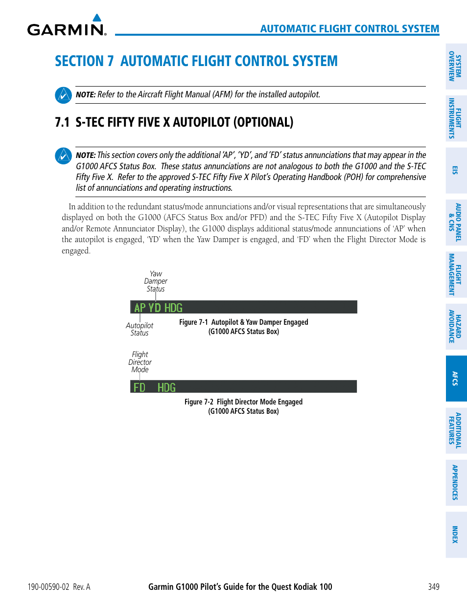 Section 7 automatic flight control system, 1 s-tec fifty five x autopilot (optional), Automatic flight control system | Garmin G1000 Quest Kodiak User Manual | Page 361 / 500