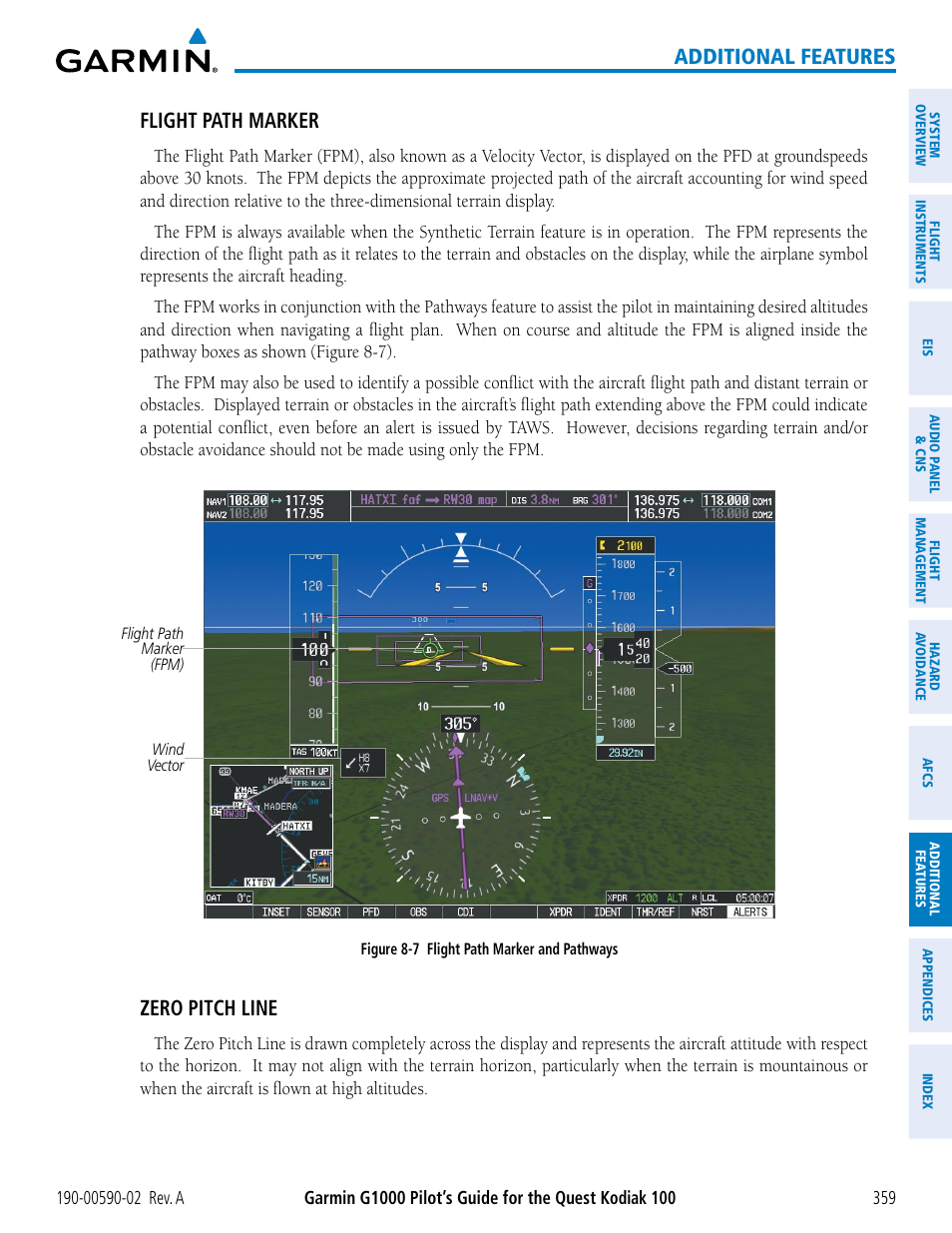 Additional features, Flight path marker, Zero pitch line | Garmin G1000 Quest Kodiak User Manual | Page 371 / 500