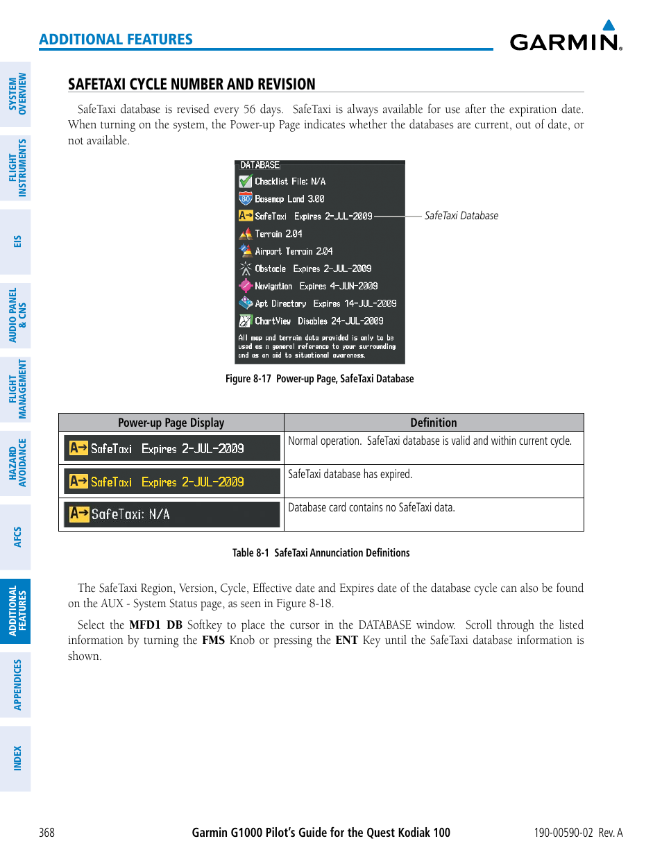 Safetaxi cycle number and revision, Additional features | Garmin G1000 Quest Kodiak User Manual | Page 380 / 500
