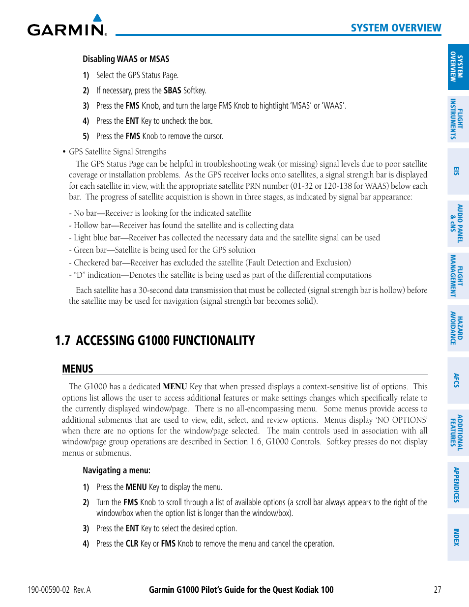 7 accessing g1000 functionality, Menus, System overview | Garmin G1000 Quest Kodiak User Manual | Page 39 / 500