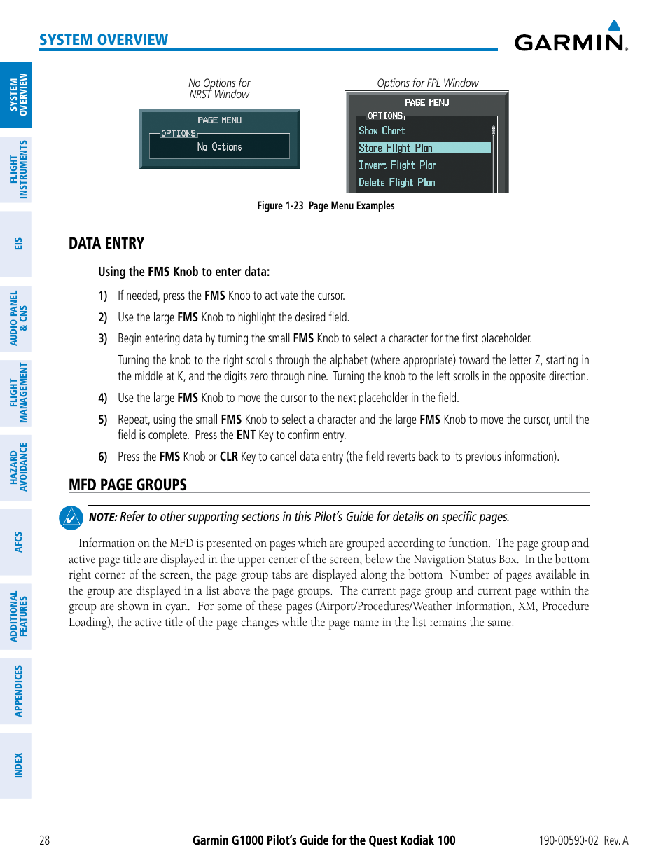 Data entry, Mfd page groups, System overview | Garmin G1000 Quest Kodiak User Manual | Page 40 / 500