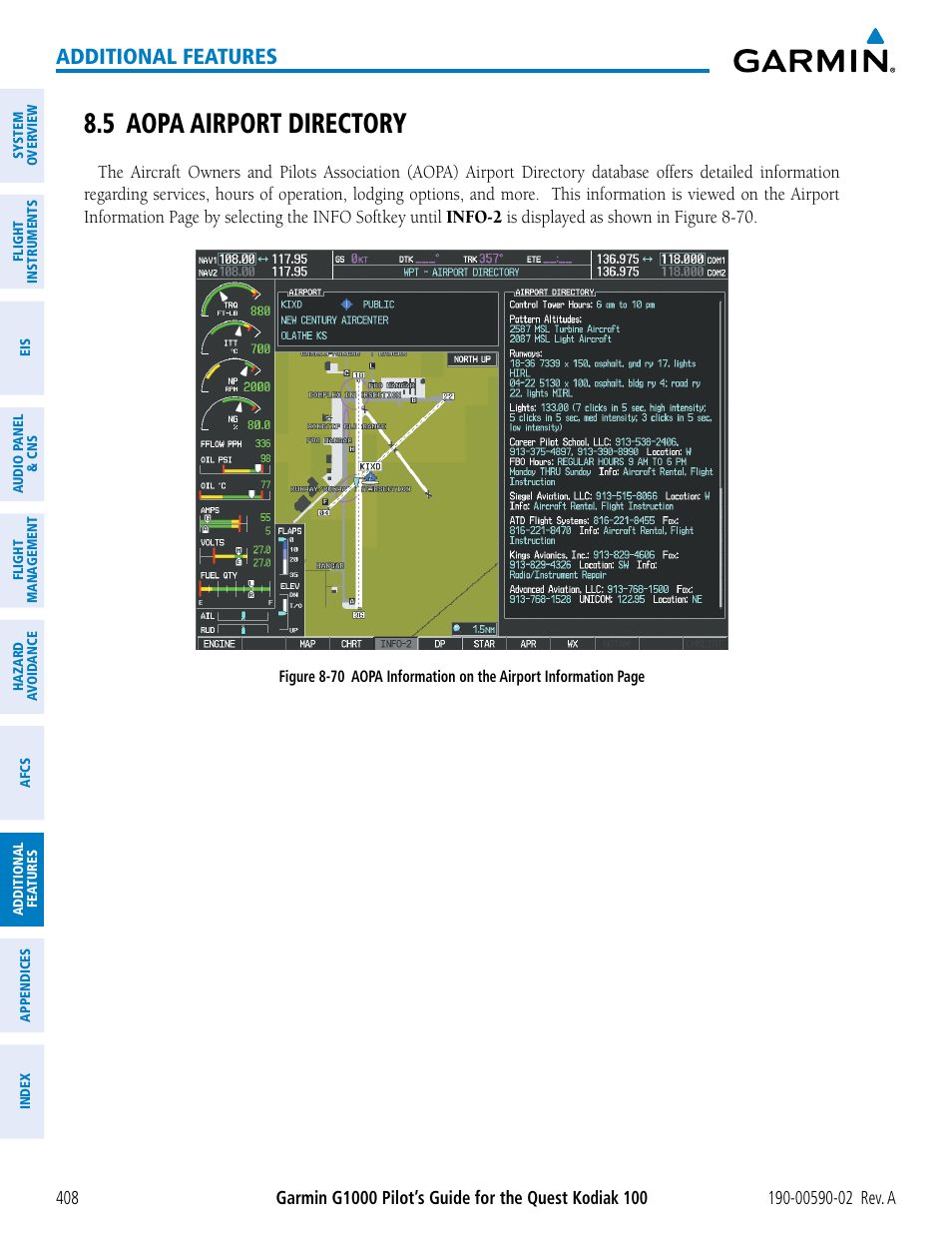 5 aopa airport directory, Additional features | Garmin G1000 Quest Kodiak User Manual | Page 420 / 500