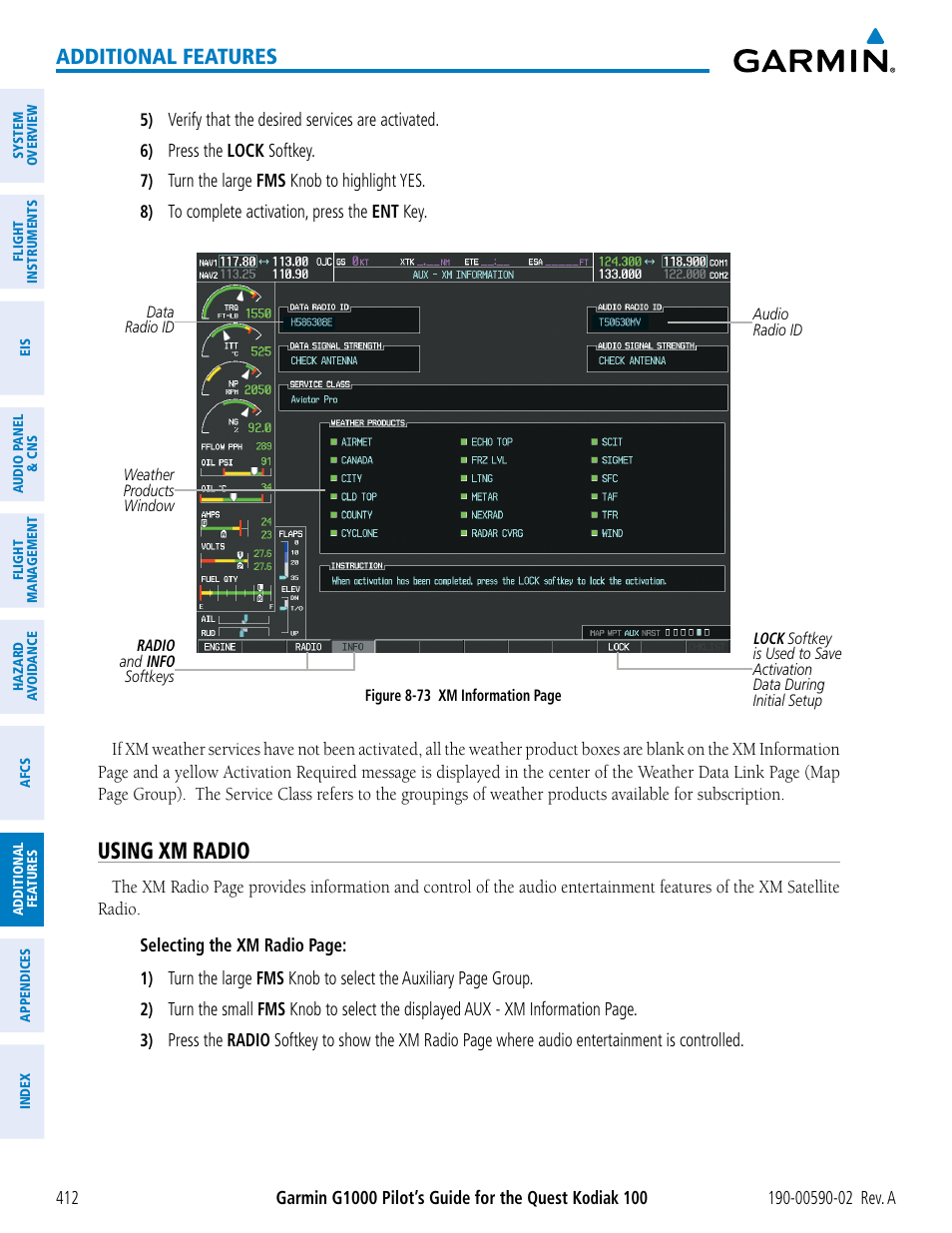 Using xm radio, Additional features | Garmin G1000 Quest Kodiak User Manual | Page 424 / 500
