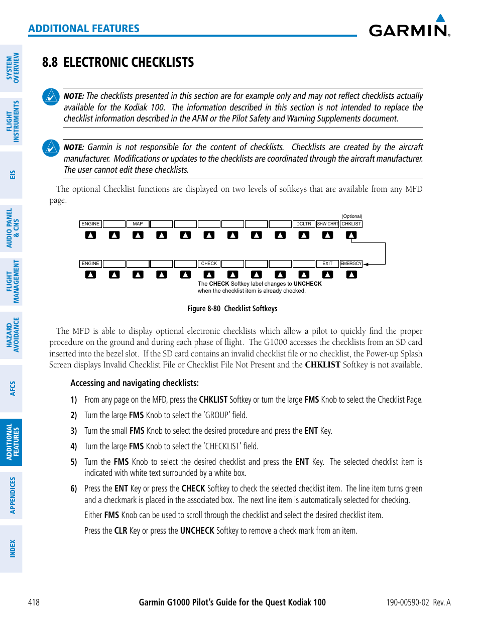 8 electronic checklists, Additional features | Garmin G1000 Quest Kodiak User Manual | Page 430 / 500