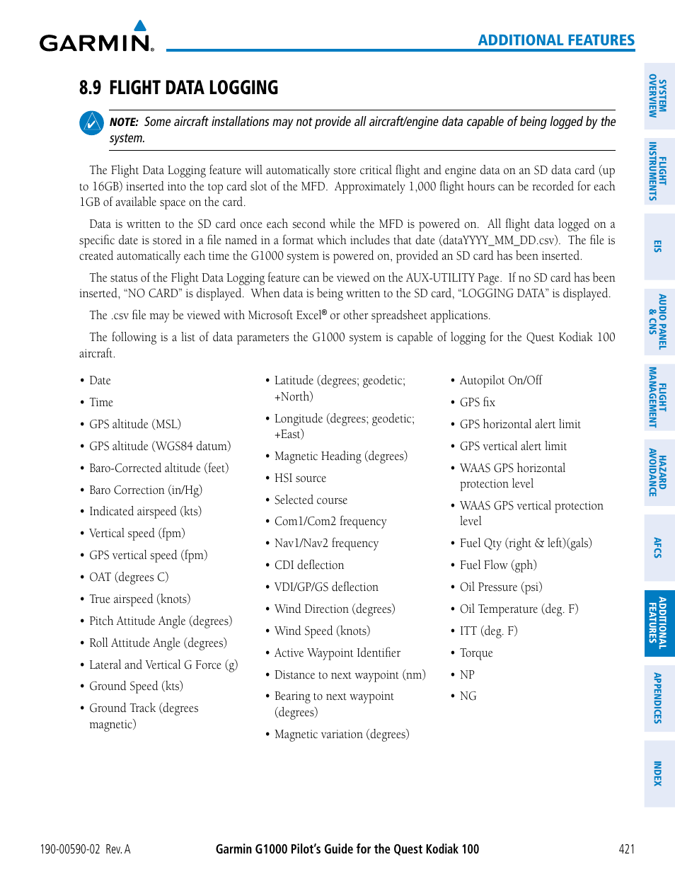 9 flight data logging, Additional features | Garmin G1000 Quest Kodiak User Manual | Page 433 / 500