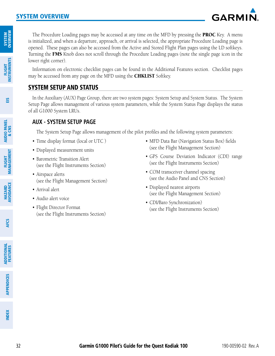 System setup and status, System overview, Aux - system setup page | Garmin G1000 Quest Kodiak User Manual | Page 44 / 500