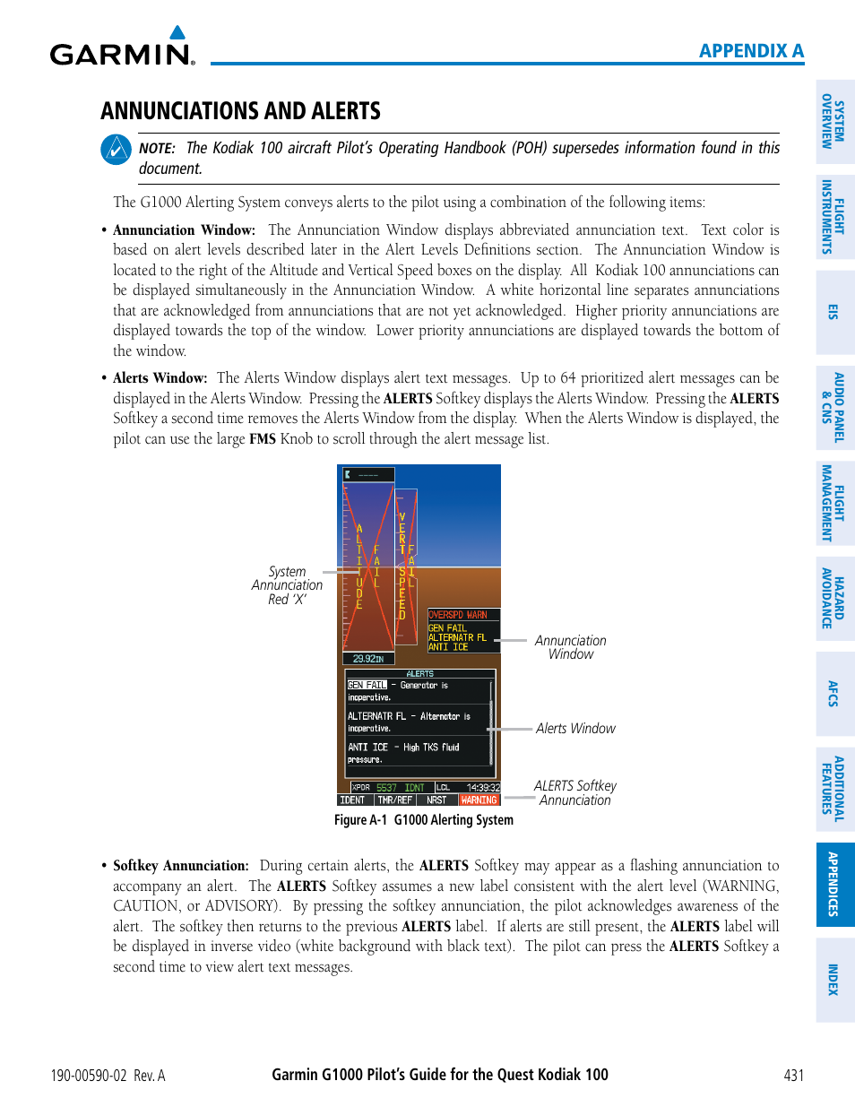 Appendices, Annunciations and alerts, Appendix a | Garmin G1000 Quest Kodiak User Manual | Page 443 / 500