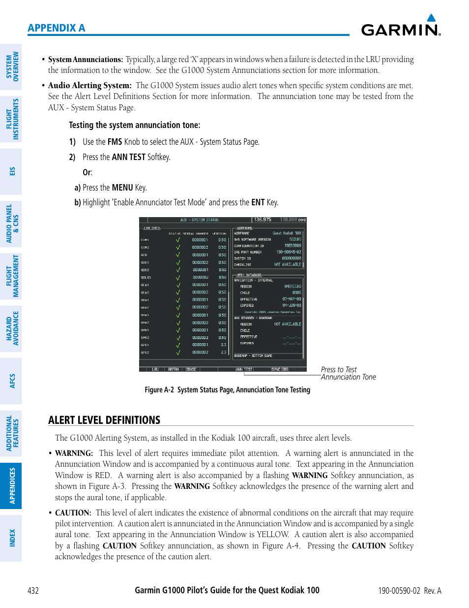 Alert level definitions, Appendix a | Garmin G1000 Quest Kodiak User Manual | Page 444 / 500