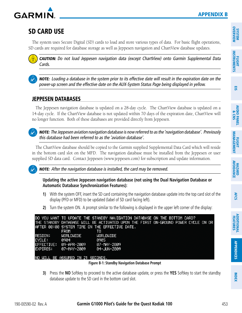 Sd card use, Jeppesen databases, Appendix b | Garmin G1000 Quest Kodiak User Manual | Page 465 / 500