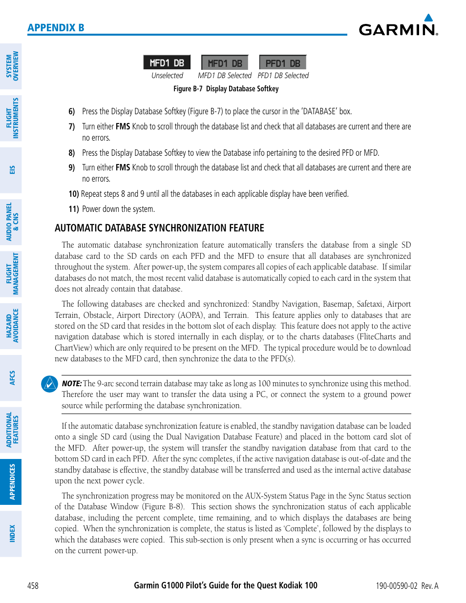 Appendix b, Automatic database synchronization feature | Garmin G1000 Quest Kodiak User Manual | Page 470 / 500