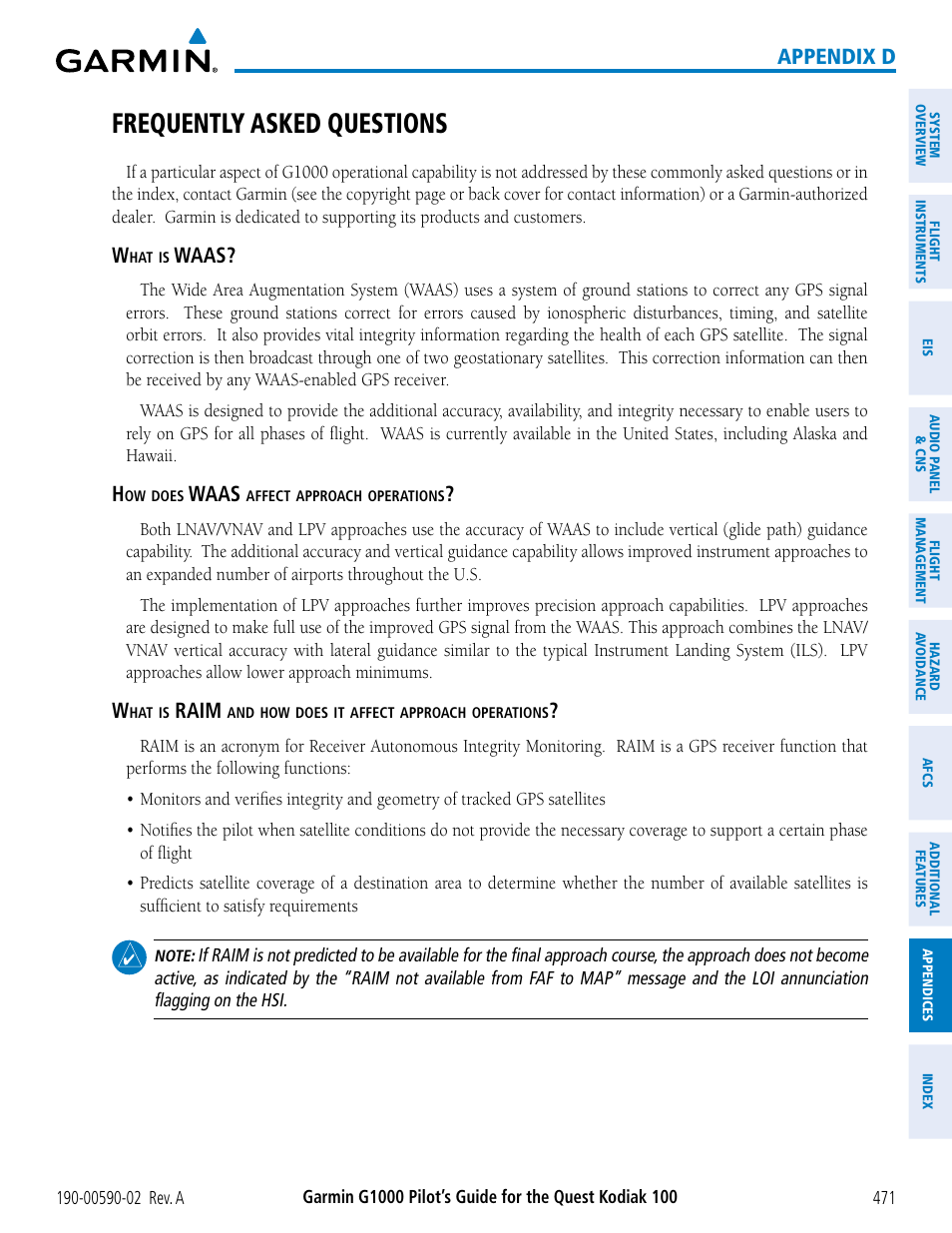 Frequently asked questions, Appendix d, Waas | Raim | Garmin G1000 Quest Kodiak User Manual | Page 483 / 500