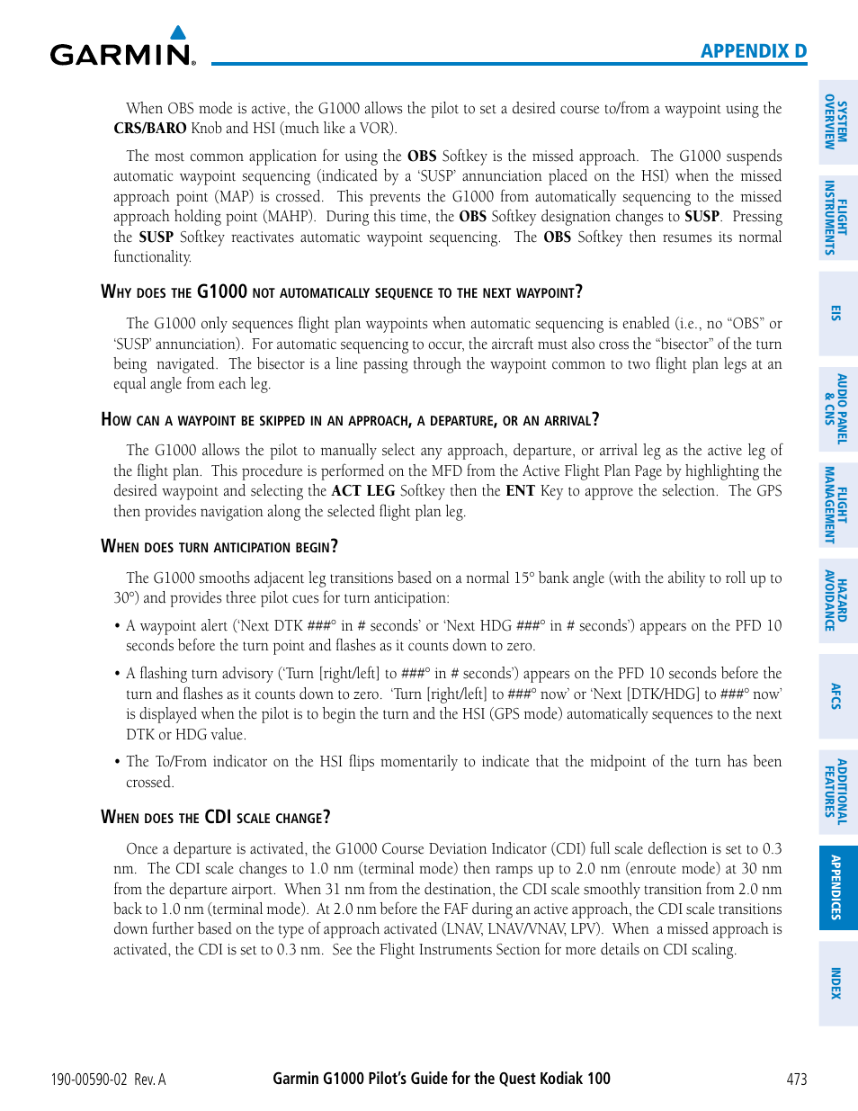 Appendix d, G1000 | Garmin G1000 Quest Kodiak User Manual | Page 485 / 500