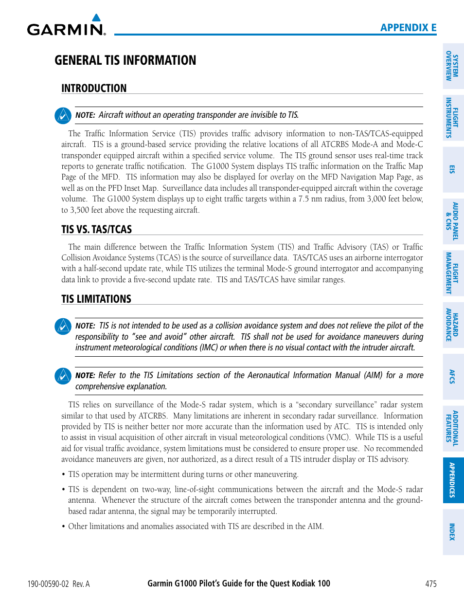 General tis information, Introduction, Tis vs. tas/tcas | Tis limitations, Appendix e | Garmin G1000 Quest Kodiak User Manual | Page 487 / 500