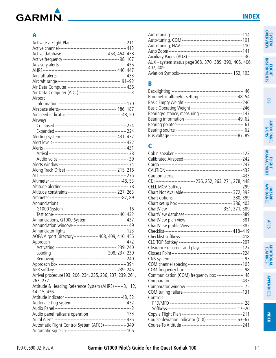 Index | Garmin G1000 Quest Kodiak User Manual | Page 493 / 500