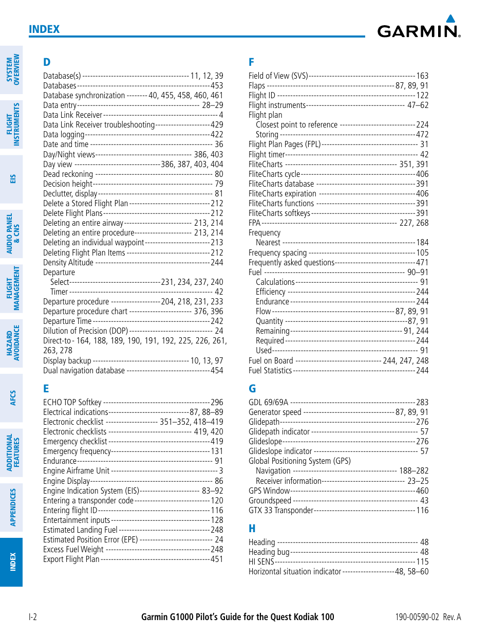 Index | Garmin G1000 Quest Kodiak User Manual | Page 494 / 500