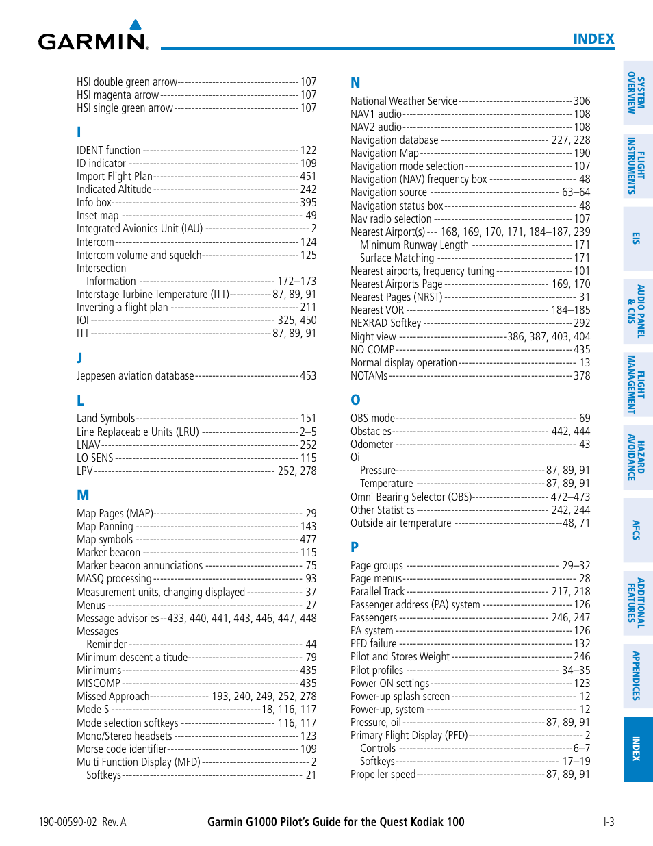 Index | Garmin G1000 Quest Kodiak User Manual | Page 495 / 500