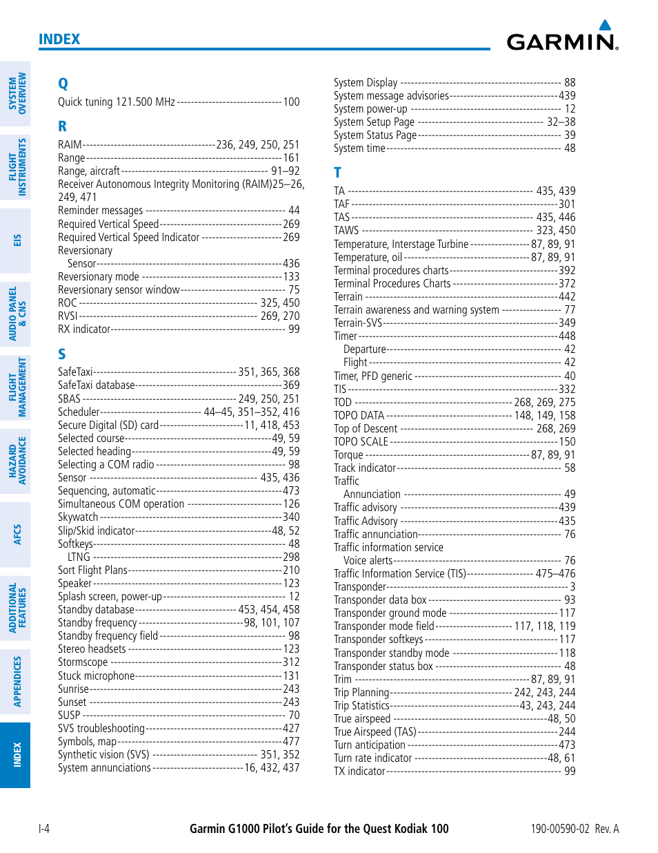 Index | Garmin G1000 Quest Kodiak User Manual | Page 496 / 500