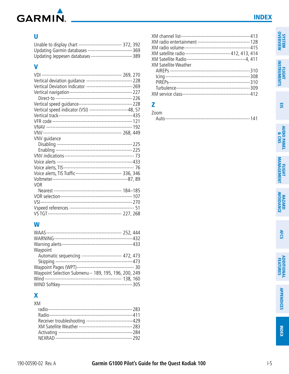 Index | Garmin G1000 Quest Kodiak User Manual | Page 497 / 500